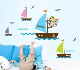 Createforlife Home Decoration Art Vinyl Mural Wall Sticker Decal Blue Dream Boat Monkey Decal Paper   Baby Boy Wall Sea Decorations
