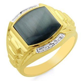 10K Yellow Gold Gray Cat's eye Diamond Accented Men's Ring size 10.5 Class Rings Jewelry
