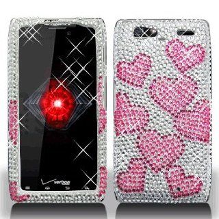 Motorola Droid RAZR Maxx XT916 XT 916 Cell Phone Full Crystals Diamonds Bling Protective Case Cover Silver with Pink Love Hearts Design Cell Phones & Accessories