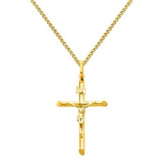 14K Yellow Gold Crucifix Cross Charm Pendant with Yellow Gold 1.7mm Flat Open wheat Chain Necklace with Lobster Claw Clasp   Pendant Necklace Combination (Different Chain Lengths Available): The World Jewelry Center: Jewelry
