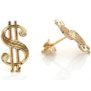 10k Real Yellow Gold 1.5cm Dollar Sign Money Symbol Post Earring: Stud Earrings: Jewelry