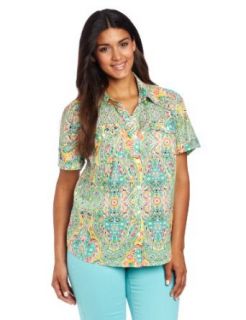 Jones New York Women's Plus Size Short Sleeve Paisley Camp Shirt, Freesia Yellow/Multi, 1X at  Womens Clothing store: Button Down Shirts