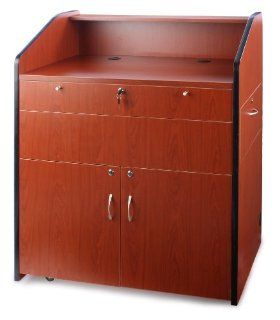 Floor Lectern for Multimedia, Includes Keyboard Tray, Side Drawer and Locking Cabinet, 2 Height Adjustable Interior Shelves, Podium Stand with Cable Ports and Locking Wheels   Laminated MDF, Dark Cherry 