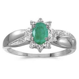 14k White Gold Oval Emerald And Diamond Ring: Jewelry