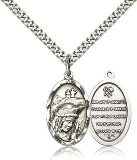 .925 Sterling Silver O/L Our Lady of La Salette Medal Pendant 7/8 x 1/2 Inches  4163  Comes with a .925 Sterling Silver Lite Curb Chain Neckace And a Black velvet Box: Jewelry