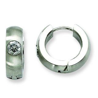 Stainless Steel CZ Satin Round Hinged Hoop Earrings. Metal Weight  6.55g.: Jewelry
