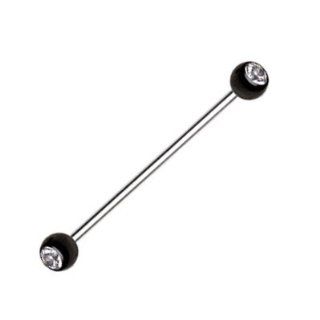 Stainless Steel Industrial Barbell Black Titanium Clear Gem Ball Ends Straight Piercing Bar 14G 1 1/2": Jewelry