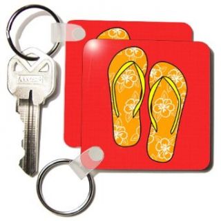 kc_77535_1 Janna Salak Designs At the Beach   Cute Flip Flops Orange Flower Print and Red   Key Chains   set of 2 Key Chains: Clothing
