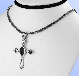 .925 Sterling Silver Necklace w/ Black Cord Chain   Cross Pendant w/ Black Onyx Natural Stone Jewelry