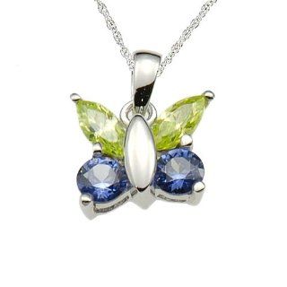 925 Sterling Sliver Green/Blue Cubic Zirconia Butterfly Pendant/Necklace 18 Inches 925 Silver Chain: Jewelry