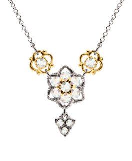 Lucia Costin Y Shaped Necklace with White Swarovski Crystals and 4 Petal Flowers, Crafted with Twisted Lines and Fancy Charms; .925 Sterling Silver with 24K Yellow Gold over .925 Sterling Silver: Pendant Necklaces: Jewelry