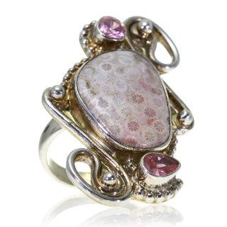 Pink Topaz, Coral Women Ring (size: 7.50) Handmade 925 Sterling Silver hand cut Pink Topaz, Coral color Brown 16g, Nickel and Cadmium Free, artisan unique handcrafted silver ring jewelry for women   one of a kind world wide item with original Pink Topaz, C