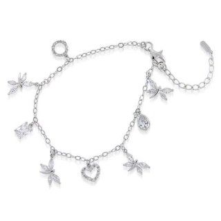 Bling Jewelry 925 Sterling Silver Dragonfly Heart Charm Ankle Bracelet 7.5 Inch: Jewelry