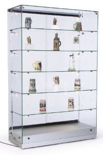 48"w Glass Display Cabinet with 5 Height Adjustable Glass Shelves and 10 Side Lights, Curio Cabinet with Lockable Sliding Door   Silver, MDF Base   Home Office Furniture