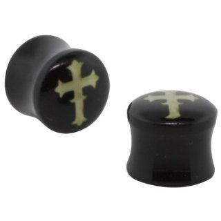 Pair 0 Gauge (8mm)   Black Acrylic Double Flared Ear Plugs with Gothic Cross Inlay: Body Piercing Plugs: Jewelry