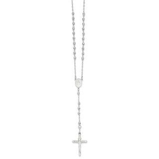 14k White Gold Diamond cut 3mm Beaded Rosary Necklace: Jewelry
