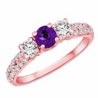 Ryan Jonathan 18K Rose Gold Round 3 Stone Diamond and Amethyst Engagement Ring With Double Row Pave Set Shank (1.10 cttw)   Size 6: Ryan Jonathan: Jewelry