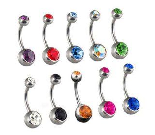 Set of 10 Double Jeweled Mixed Color Cz Crystal Gem Belly Button Navel Rings 316l Surgical Steel 14g 3/8": Jewelry