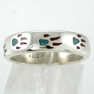 Southwestern Style Wolf Paw Band Ring in Sterling Silver with Turquoise and Coral Chip Inlay for Men or Women, Size 9, #10519 Jewelry