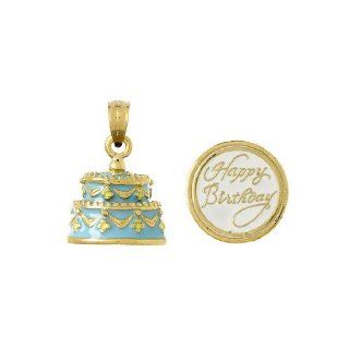 3d Gold Charm Happy Birthday Cake With Light Blue Frosting: Pendants: Jewelry