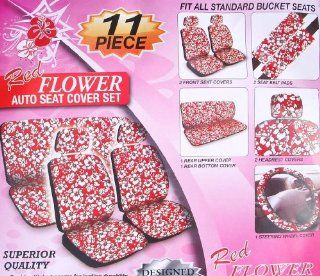 Red Hawaiian Hibiscus Flower 11 PC Seat Cover Combo: Automotive