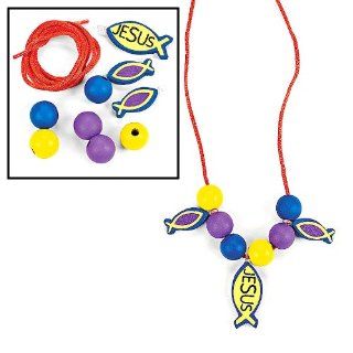 Wooden Beaded Christian Fish Necklace Craft Kit (1 dz): Toys & Games