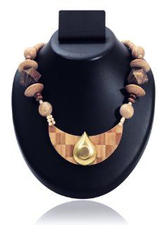Subtle Wooden Crescent Shaped Pendant Beaded Strand Necklace Fashion Jewelry Gift Ideas for Her: Jewelry
