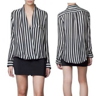 Chuangmei Womens Fashion V Neck Chiffon T Shirts OL Style Long Sleeve Striped Top Blouses Black&White US 8 12(Asian Petite Size) at  Womens Clothing store