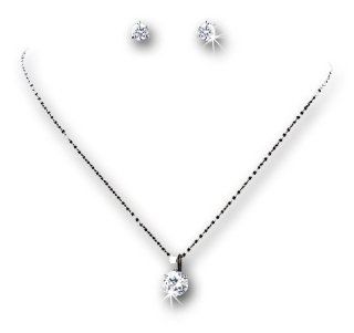 Silver Tone Round Cubic Zirconia Crystal Necklace Earring Set: Jewelry Sets: Jewelry