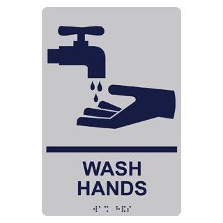 ADA Wash Hands With Symbol Braille Sign RRE 992 MRNBLUonSLVR : Business And Store Signs : Office Products