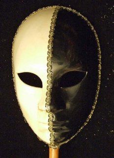 Halloween Mask Full Face Mardi Gras Round Black & White Venetian Masquerade Stick Costume Prom: Everything Else