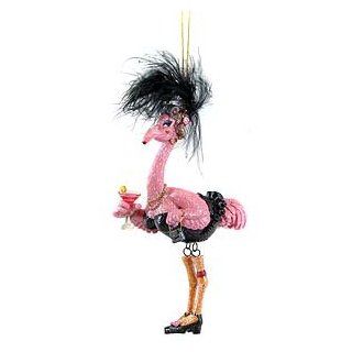 December Diamonds Lace Female Flamingo Ornament Holding Her Cocktail with Dangling Legs, & Heels. She has a Black Feather in her Hat Adorable   Decorative Hanging Ornaments