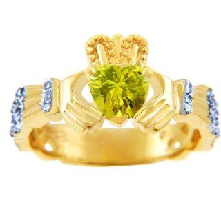 18K Yellow Gold 0.4 Ct Diamond Claddagh Ring With Citrine Jewelry