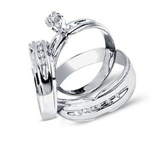 Diamond Engagement Rings Set Wedding Bands White Gold Men Ladies .18ct: Jewelry