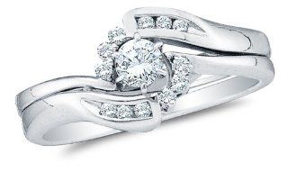 14K White Gold Diamond Cross Over Ladies Bridal Engagement Ring with Matching Curved Notched Wedding Band Two 2 Ring Set   Solitaire Setting w/ Channel Invisible Set Round Diamonds   (9.3mm Combined Band Width)   (1/4 cttw): Sonia Jewels: Jewelry