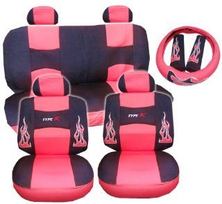 13pc Flames Peach RED and Black Type R Racing Low Back Seat Covers with Head Rest Covers, Bench Cover with Head Rest Covers and Steering Wheel Cover with Shoulder Pads Automotive