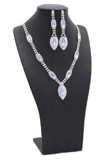 Silver 18 Inch Aquamarine Blue Teardrop Crystal Rhinestone Necklace Set: Jewelry