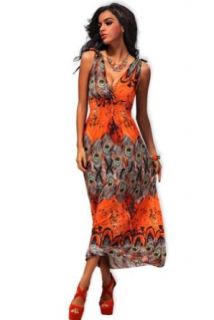 made2envy Long Maxi Deep V Neck Colorful Peacock Print Summer Dress Orange OneSize at  Womens Clothing store