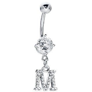 CZ Sparkling Initial M Dangle Belly Button Navel Piercing Ring   14G: Body Piercing Rings: Jewelry