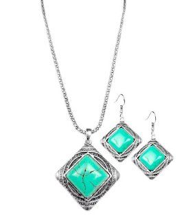 Miao Silver Turquoise Necklace & Earring Set   Diamond Square Stone: Jewelry