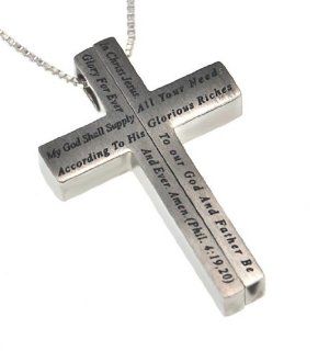 Christian Womens Stainless Steel Abstinence "My God Shall Supply All Your Needs According to His Glorious Riches in Christ Jesus. To Our God and Father Be Glory Forever and Ever. Amen. Philippians 4:19,20" 2 Piece Iron Cross Chastity Necklace on 