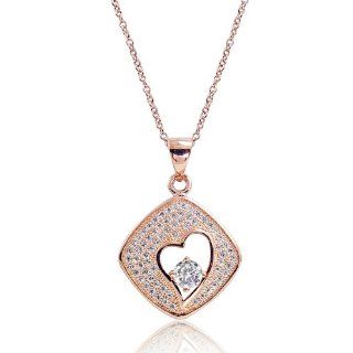 PRJewelry 18k Rose Gold Plated Micro Pave Setting Cubic Zirconia Heart Pendant Necklace 16"+ 2" Extender: Jewelry