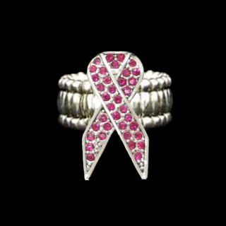 Pink Ribbon Pink Rhinestone Sparkling 1 inch long Pendant on Silver Metal Stretch Ring  Celebrate Breast Cancer Research, Survivors, Loved Ones who have Endured Breast Cancer, & Susan B Koman "Race for the Cure" They Sparkle!!!Beautiful Gift 