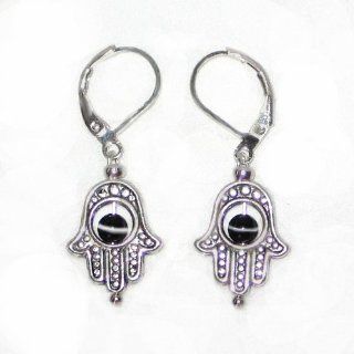 Silvertone Hampsa Hand of Fatima is said to provide healing and protection from the Evil Eye. These dangle on Silver Plated Leverback Earrings also feature Black Cats Eye beads.: Jewelry