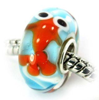 .925 Sterling Silver Glass "GoldFish Swimming in White/Blue Core" Charm Bead for Snake Chain Charm Bracelets: Jewelry