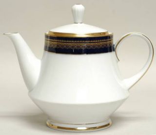 Noritake Vienna Teapot & Lid, Fine China Dinnerware   Blue Band, Gold Decor