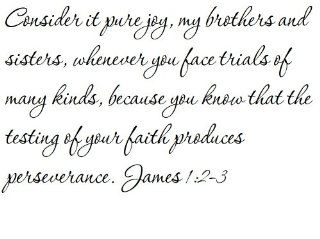 Consider it pure joy, my brothers and sisters, whenever you face trials of many kinds, because you know that the testing of your faith produces perseverance. James 1:2 3   Wall and home scripture, lettering, quotes, images, stickers, decals, art, and more!