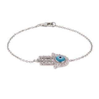 Sterling Silver Pave CZ Blue Evil Eye Hamsa Bracelet: Eve's Addiction: Jewelry