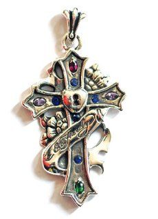 Ed Hardy By Christian Audigier: Cross with Heart Lock, Flowers and Ed Hardy Ribbon, Stylized Fleur Des Lis Bail, and CZ Accents in Stainless Steel: Pendants: Jewelry