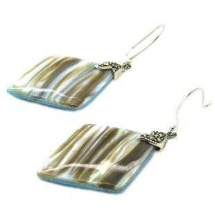 Turquoise & Penguin Shell Drop Earrings, Different Patterns of Two Sides, Rhombus Shape: Jewelry